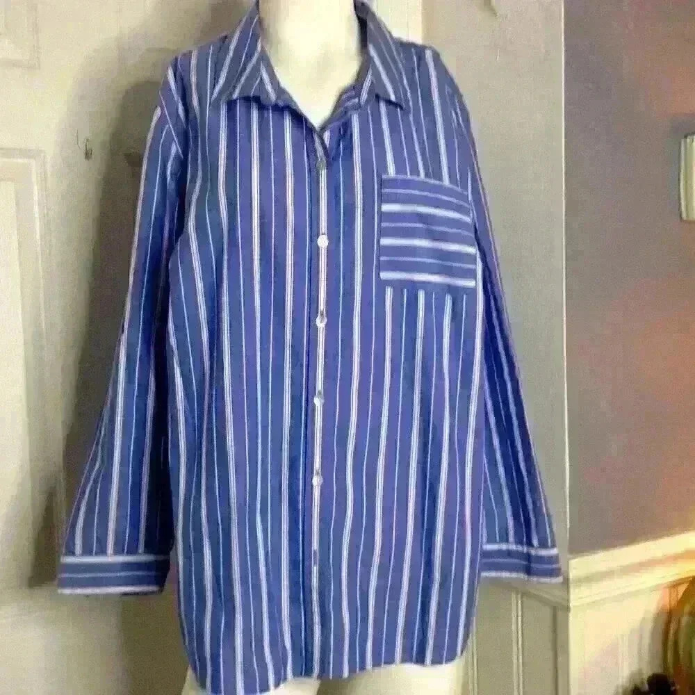 J. Jill Stripped 100% Cotton Blouse; Size: 2X; runs large. Breast pocket - Picture 1 of 4